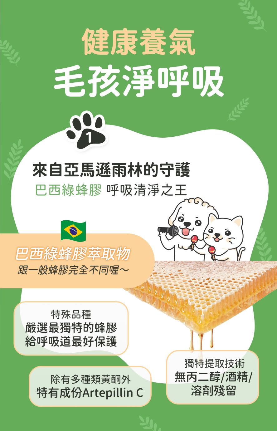 犬貓呼吸道保健，呼吸清淨之王巴西綠蜂膠，健康養氣。